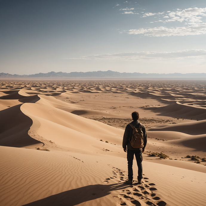 Lost in the Vastness: A Solitary Figure Contemplates the Desert