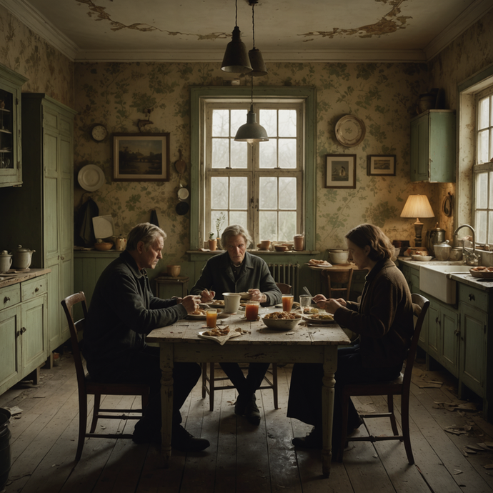 A Moment Frozen in Time: Melancholy Gatherings in a Rustic Kitchen