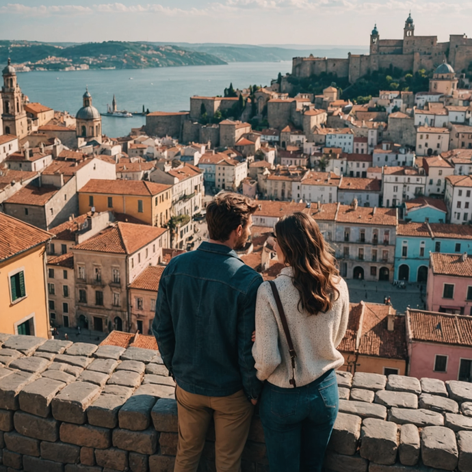 Tiny Figures, Grand View: A Couple’s Romantic Moment Against a Cityscape