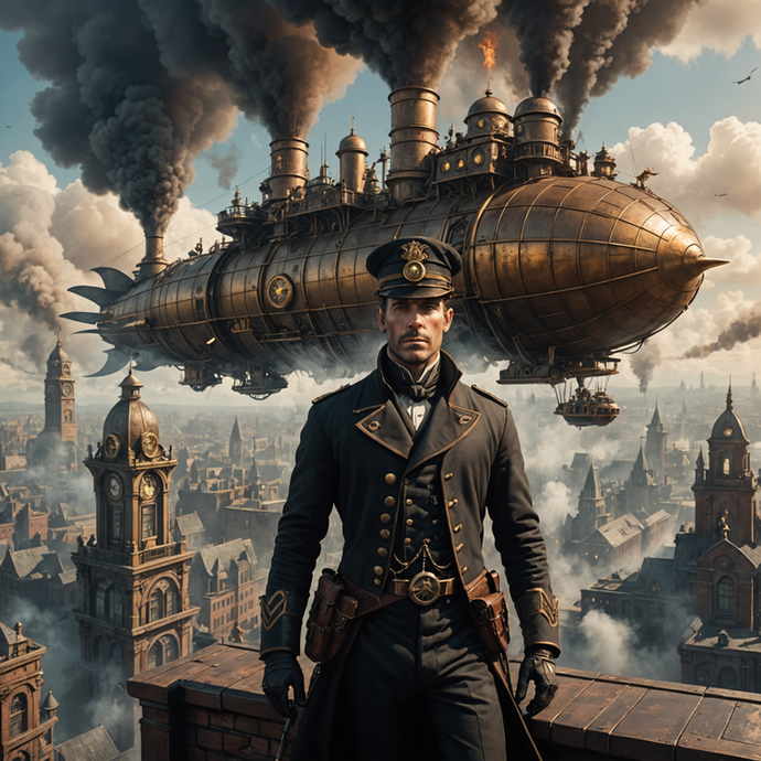 Steampunk Adventure Awaits: Man on Rooftop Watches Airship Soar