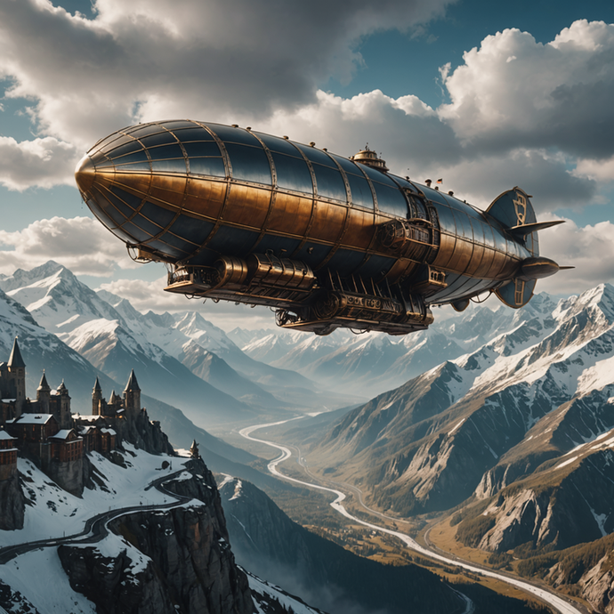 Steampunk Airship Soars Over Snowy Peaks