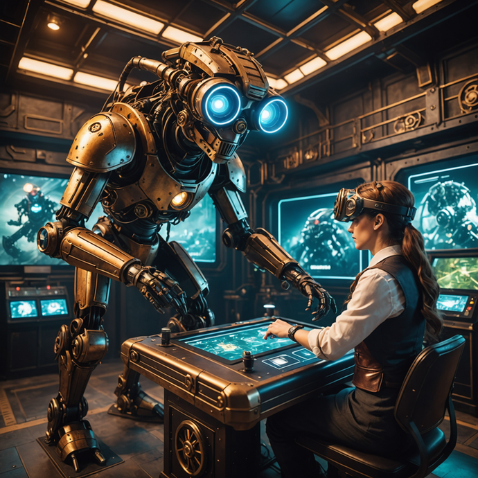 Steampunk Robot and Woman in a Futuristic Control Room