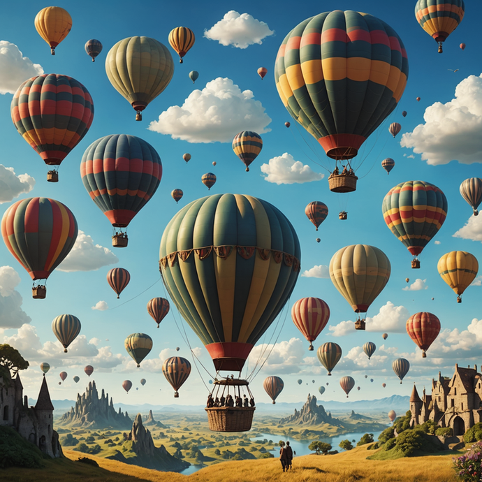 Whimsical Hot Air Balloon Adventure Over a Fantasy Landscape