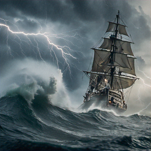 Ship Battles the Storm in a Dramatic Sea of Light and Shadow