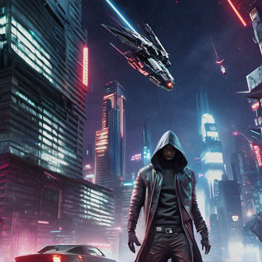 Mystery in the Neon City: A Hooded Figure Stands Amidst Flying Vehicles