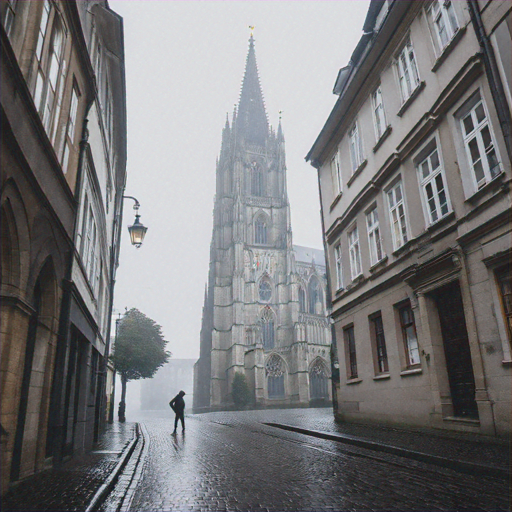 A Solitary Figure Walks Towards Mystery in a Misty Town