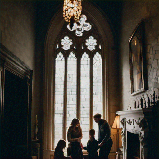 Silhouettes of Mystery: A Family’s Elegant Pose in a Dimly Lit Hallway