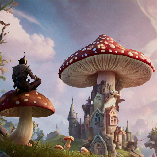 Lost in Wonder: A Tiny Figure Gazes at a Giant Mushroom Castle