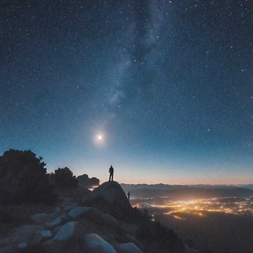 Silhouettes of Wonder: Two Figures Gaze Upon a Starry Cityscape