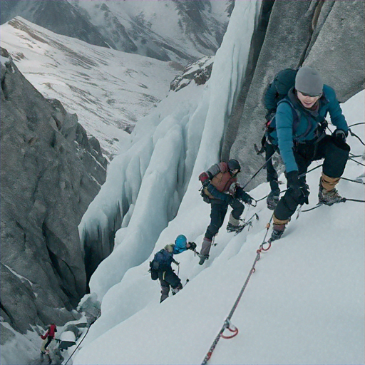 Precarious Ascent: Climbers Brave a Snowy Mountain Face