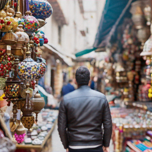 Lost in the Labyrinth of Color: A Man Navigates a Bustling Marketplace