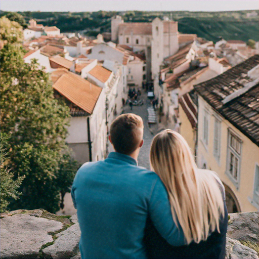 A Timeless Romance: A Couple’s Quiet Moment Overlooking a Charming European Town