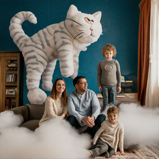 A Cat’s Playful Perch: Whimsical Family Portrait on a Cloud