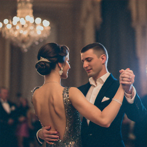 A Moment of Elegant Intimacy: Couple Dances Under Chandelier at Formal Event