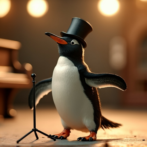 Penguin Takes the Stage in a Top Hat and Microphone