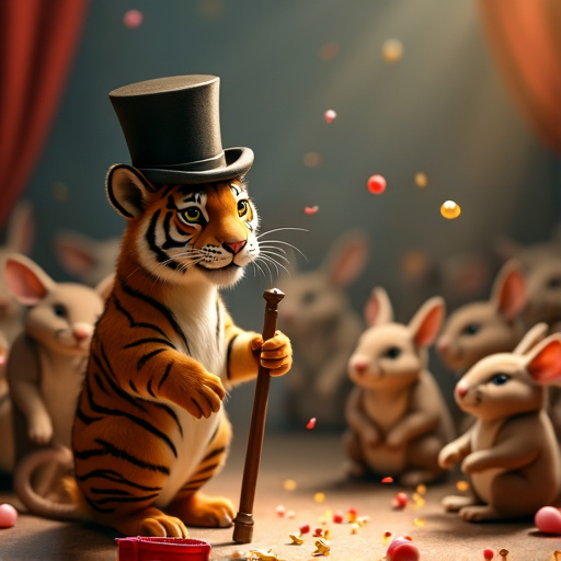 Top Hat Tiger Charms a Crowd of Bunnies