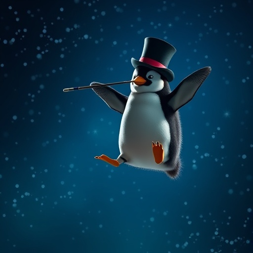 Top Hat Penguin Takes Flight in Whimsical Adventure