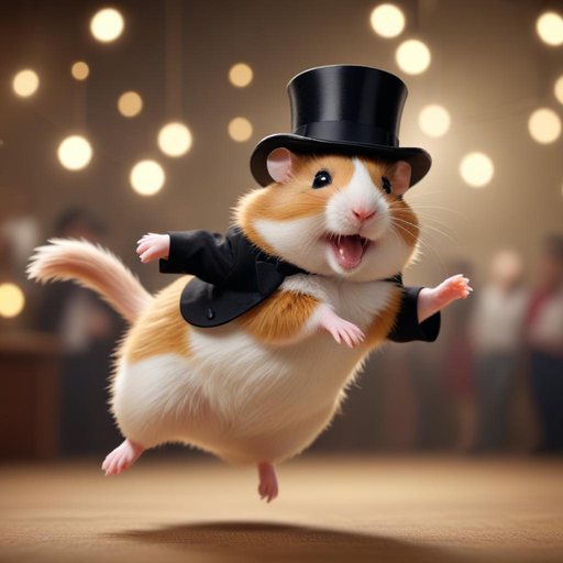 Tuxedoed Hamster Takes the Stage in a Whimsical Leap