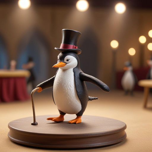 A Penguin’s Grand Entrance: Whimsical Charm in a Dimly Lit Room