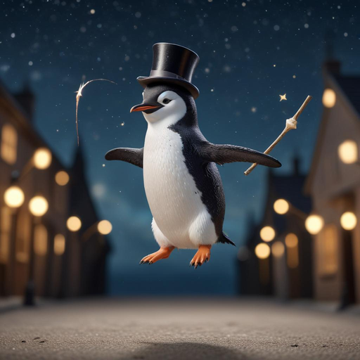 Penguin in a Top Hat Takes Flight on a Festive Night