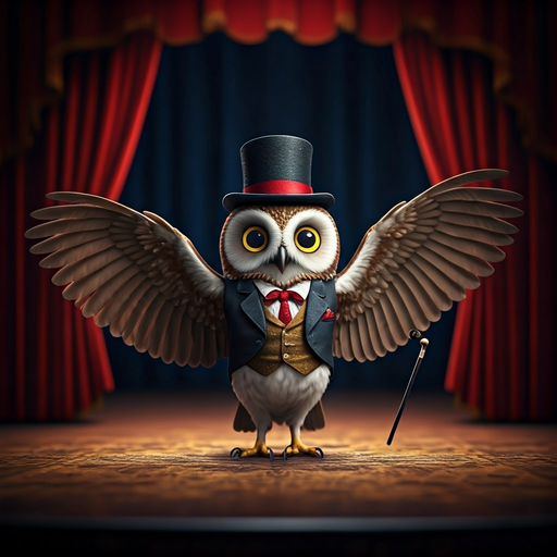 Tuxedoed Owl Takes the Stage in a Whimsical Performance