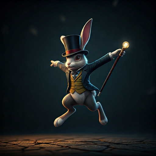 A Dapper Rabbit Takes Flight with a Glowing Cane