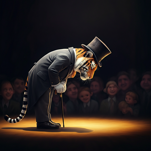 Tiger in Tuxedo Takes a Bow in Whimsical Theater Scene